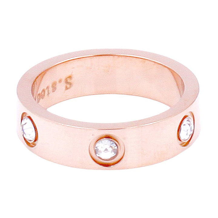 Rose-Gold-Stone Embellished Stainless Steel Band Ring is an elegant and durable accessory. The stainless steel material offers strength and resistance to tarnishing, while the stone embellishments add a touch of sophistication. Perfect for everyday wear or special occasions.