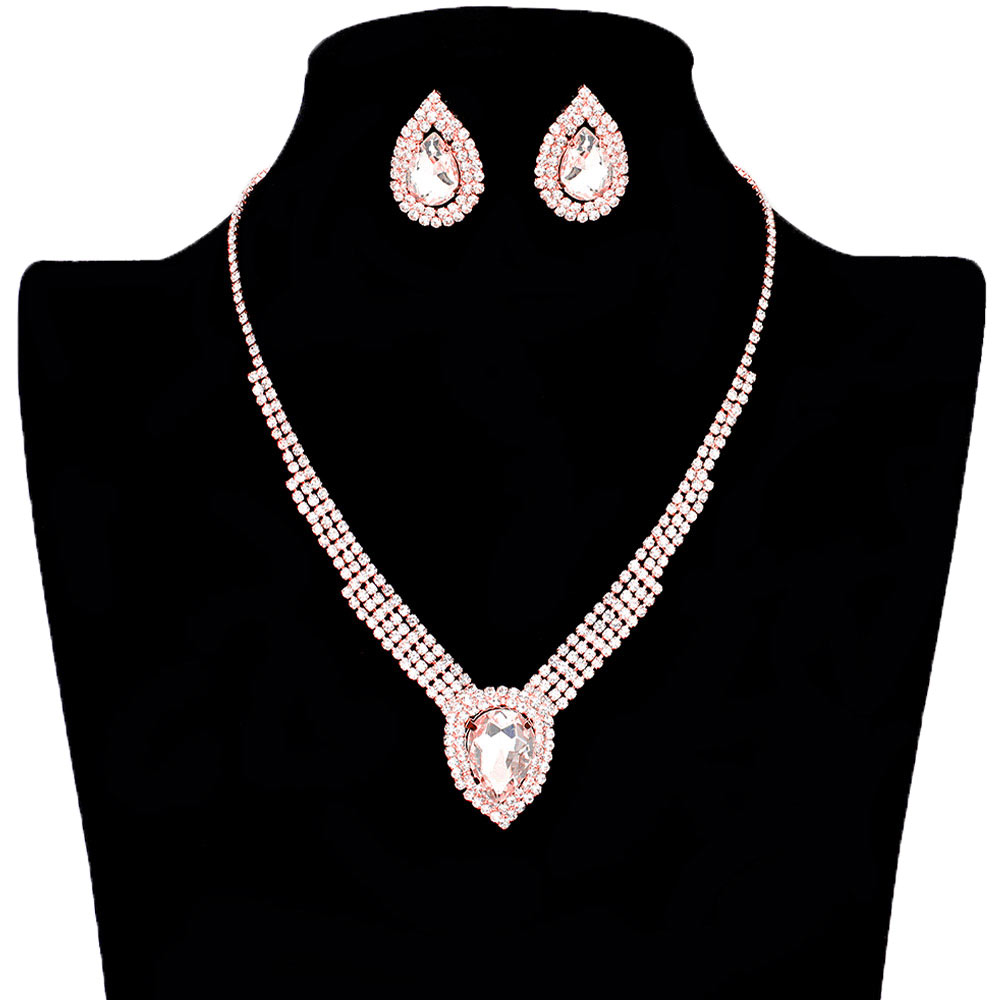Rose Gold Trendy Crystal Teardrop Drop Rhinestone Necklace, get ready with this crystal teardrop rhinestone necklace to receive the best compliments on any special occasion. This classy rhinestone necklace is perfect for parties, weddings, and evenings. Awesome gift for, anniversaries, Valentine’s Day, or any special occasion.