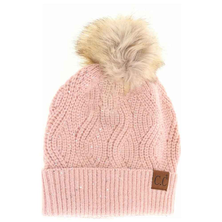 Rose Sequin Brioche Cable Knit Fur Pom C.C Beanie combines classic craftsmanship with a modern touch. Featuring a soft brioche cable knit pattern enhanced by subtle sequins, this beanie adds understated sparkle to cold-weather style. The plush fur pom enhances warmth and a refined aesthetic, making it an ideal accessory for both functionality and fashion during chilly days. Durable and comfortable, it delivers expert-level design that complements any winter wardrobe. 