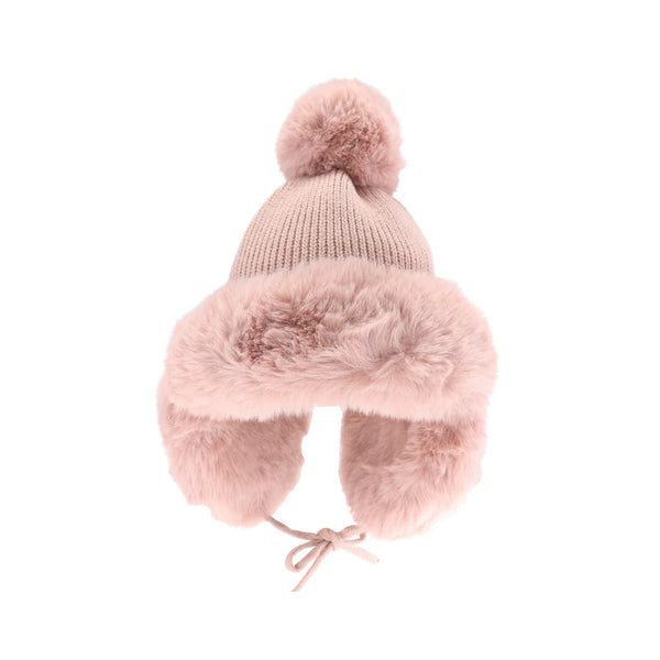 Rose  C.C knitted Trapper Hat, is designed to keep your head and ears warm in cold. Crafted from thick acrylic, it features a comfortable, stretchy fit with soft fleece lining for extra warmth. An elastic drawstring ensures a secure fit and keeps the wind out. Stay warm and stylish with this fashionable trapper hat.