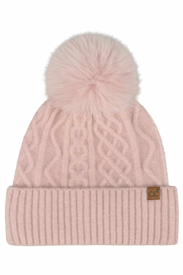 Rose C.C Cable Knit Pattern Pom and Cuff Solid Beanie Winter Hat features a classic cable-knit texture topped with a fluffy pom for a cozy, timeless winter look. Finished with a soft cuff and stretch fit, it delivers all-day warmth and comfort while adding effortless style to cold-weather outfits.
