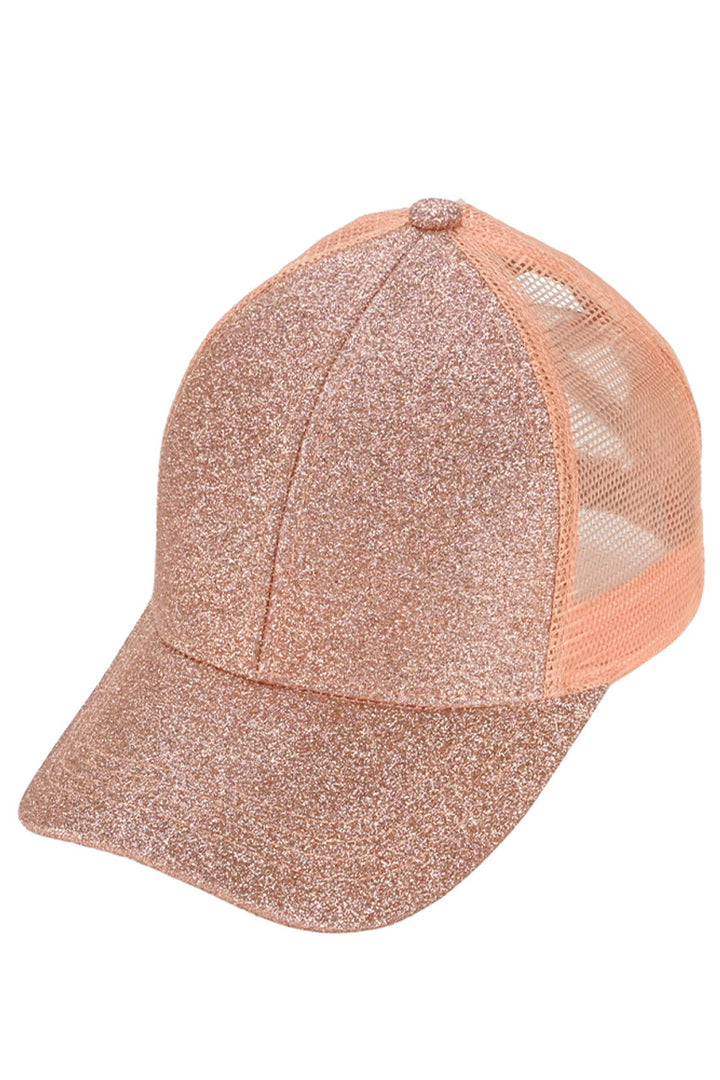 Rose Gold C.C Glitter Mesh Back Criss-Cross Ponytail Cap features a glitter mesh back and criss-cross design, perfect for adding a touch of sparkle to any outfit. Its unique design allows for comfortable and secure wear while keeping your ponytail in place. A must-have accessory for any fashion-forward individual.