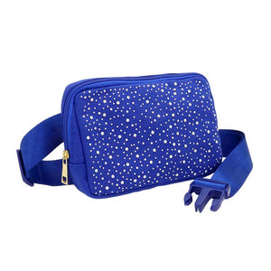 Royal Blue Bling Sling Bag Fanny Bag Belt Bag, is both stylish and functional. With its adjustable shoulder strap, it is conveniently worn across the body for hands-free convenience and a secure fit. Its sleek design features bling detailing, making it perfect for everyday wear. A functional companion for outdoor activities.