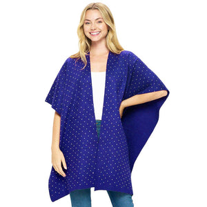 Royal Blue Bling Solid Ruana Poncho, Crafted from soft fabric, this poncho features a luxurious sparkle for a touch of glamour. With a ruana-style cut, the poncho is designed for maximum comfort and added coverage. Perfect for cooler days, it will quickly become a wardrobe staple. Give the perfect gift with this poncho.