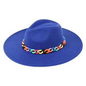 Royal Blue Colorful Chain Accented Solid Panama Hat, a beautiful & comfortable Panama hat is suitable for summer wear to amp up your beauty & make you more comfortable everywhere. Perfect for keeping the sun off your face, neck, and shoulders. It's an excellent gift item for your friends & family or loved ones this summer.