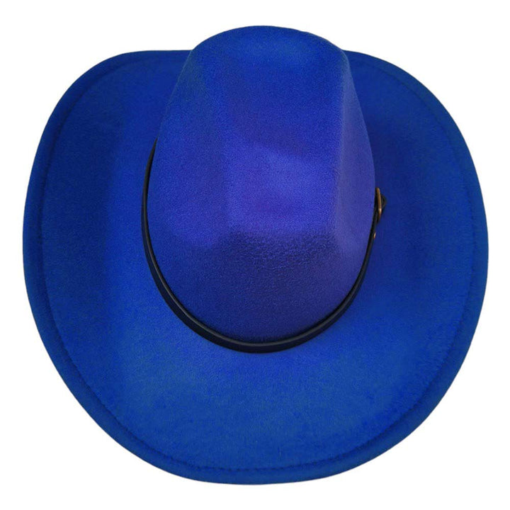 Royal-Blue-Faux Leather Belt Pointed Western Cowboy Fedora Hat, Made with high-quality faux leather, this fedora hat features a pointed design and a belt for added style. Perfect for any occasion, it's the perfect accessory for any fashion-savvy individual. Upgrade your look with this must-have hat.