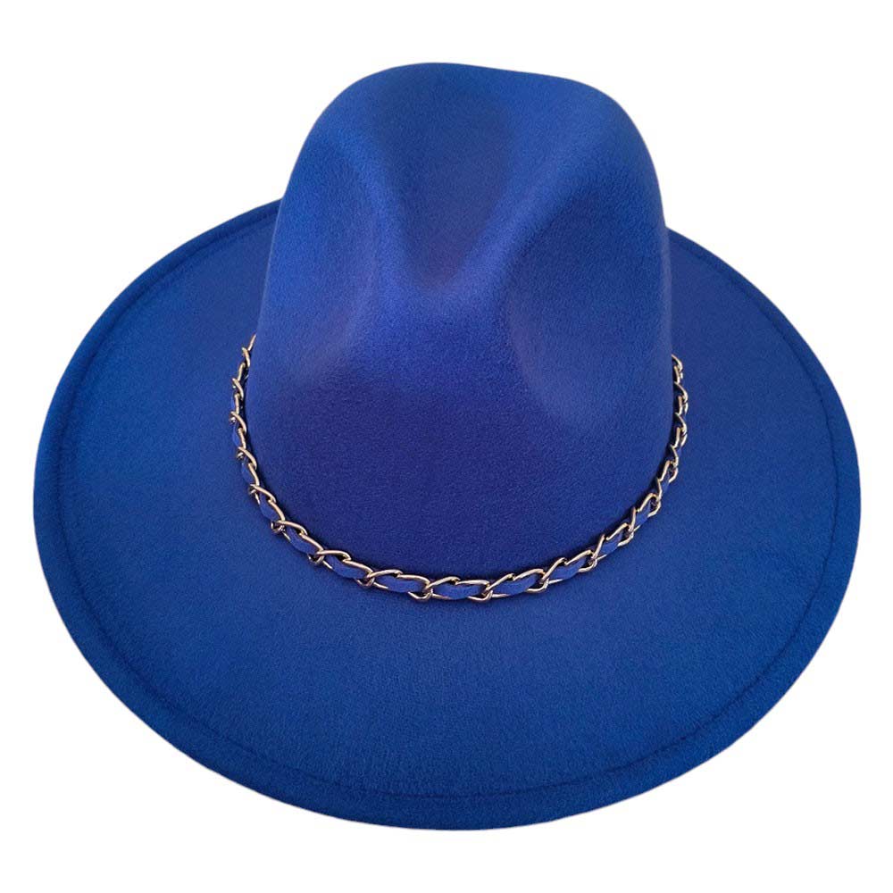 Royal-Blue-Faux Leather Braided Chain Band Pointed Fedora Hat offers a sleek and stylish accessory for any outfit. Made with high quality materials, the faux leather and braided chain band add a touch of sophistication to the classic pointed fedora shape. Upgrade your look with this trendy and durable hat.