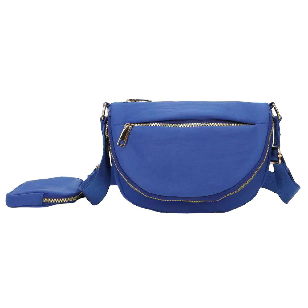 Royal Blue Half Round Solid Nylon Crossbody Bag, is made of nylon, making it lightweight and durable. The adjustable shoulder strap ensures it will be comfortable to carry. The half-round shape adds a unique look to this bag, making it a great choice for any occasion. Perfect gift for fashion-forwarded family members and friends.