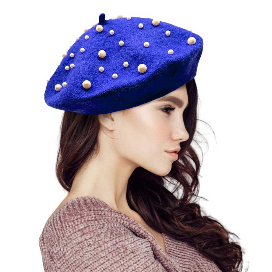 Royal-Blue-Pearl Embellished Tam Beret Hat, Featuring a classic beret design, this stylish hat is adorned with elegant pearls for a touch of sophistication.Adding a touch of glamour to any outfit, this hat is a must-have accessory for any fashion-forward individual.Upgrade your style today with our Pearl Embellished Tam Beret Hat