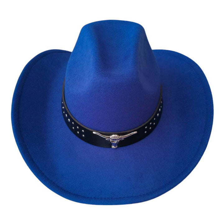 Royal-Blue-Steer Head Pointed Western Belt Pointed Cowboy Fedora Hat is a versatile accessory that adds a touch of Western flair to any outfit. With its pointed design and steer head embellishment, it is both stylish and functional. Made with high-quality materials, it is a durable and long-lasting addition to your wardrobe.