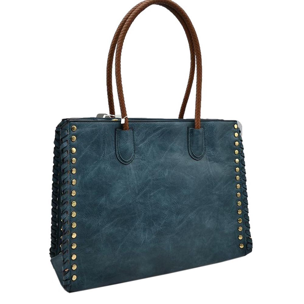 Royal Blue Studded Faux Leather Whipstitch Shoulder Bag Tote Bag, is crafted from high-quality faux leather, featuring a stylish whipstitch trim and studded accents. Its adjustable strap makes it perfect for everyday use, this spacious handbag features a roomy interior to hold all your essentials. This bag is sure to turn heads.