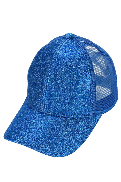 C.C Women's Glitter Mesh Back Criss-Cross Ponytail Cap - Royal Blue