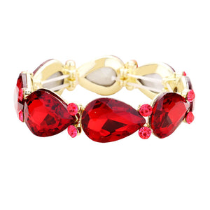 Ruby Red Glass Crystal Teardrop Accented Stretch Evening Bracelet sleek style adds a pop of color to your attire, coordinate with any ensemble from business casual to everyday wear Birthday Gift, Anniversary Gift, Valentine's Day, Christmas, Navidad, Cumpleanos, Mother's Day Gift, Prom, Wedding Bridal, Quinceanera, Sweet 16
