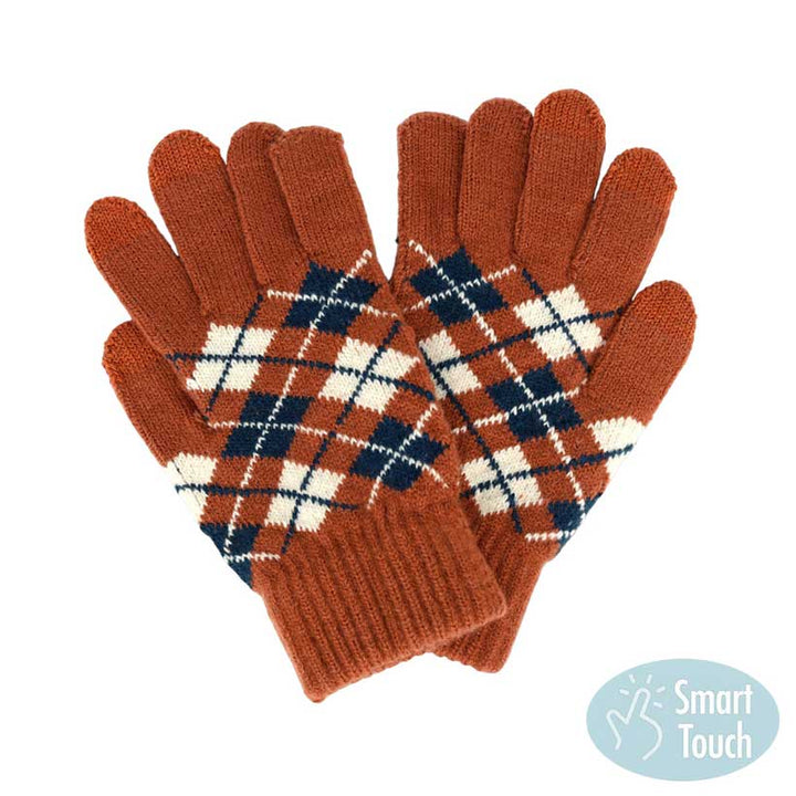 Rust Argyle Patterned Knit Touch Smart Gloves, give your look so much eye-catching with knit touch smart gloves, a cozy feel. It's very fashionable and attractive. A pair of these gloves are awesome winter gift for your family, friends, anyone you love, and even yourself. Complete your outfit in a trendy style!