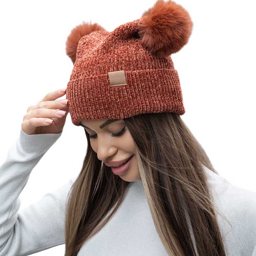 Rust-Pom Pom Pointed Beanie Hat, Crafted with a double pom pom design and a pointed top, this hat adds a touch of fun to your winter wardrobe. Made with high-quality materials, it will keep you cozy and comfortable in cold weather.t