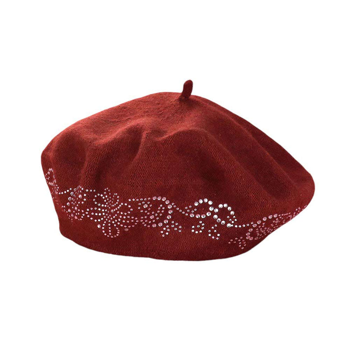 Rust-Flower Bling Studded Beret Hat, A stylish accessory for any outfit. With its floral design and studded accents, it adds a touch of elegance and glam to your look. Made with high-quality materials, it is durable and comfortable to wear. Perfect for any fashion lover.