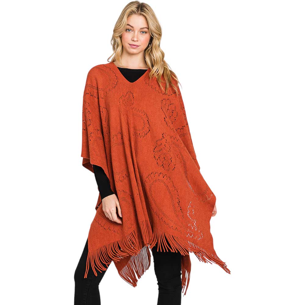 Rust Paisley Patterned Fringe Poncho, with the latest trend in ladies' outfit cover-up! the high-quality knit fringe tassel poncho is soft, comfortable, and warm but lightweight. It's perfect for your daily, casual, party, evening, vacation, and other special events outfits. A fantastic gift for your friends or family.
