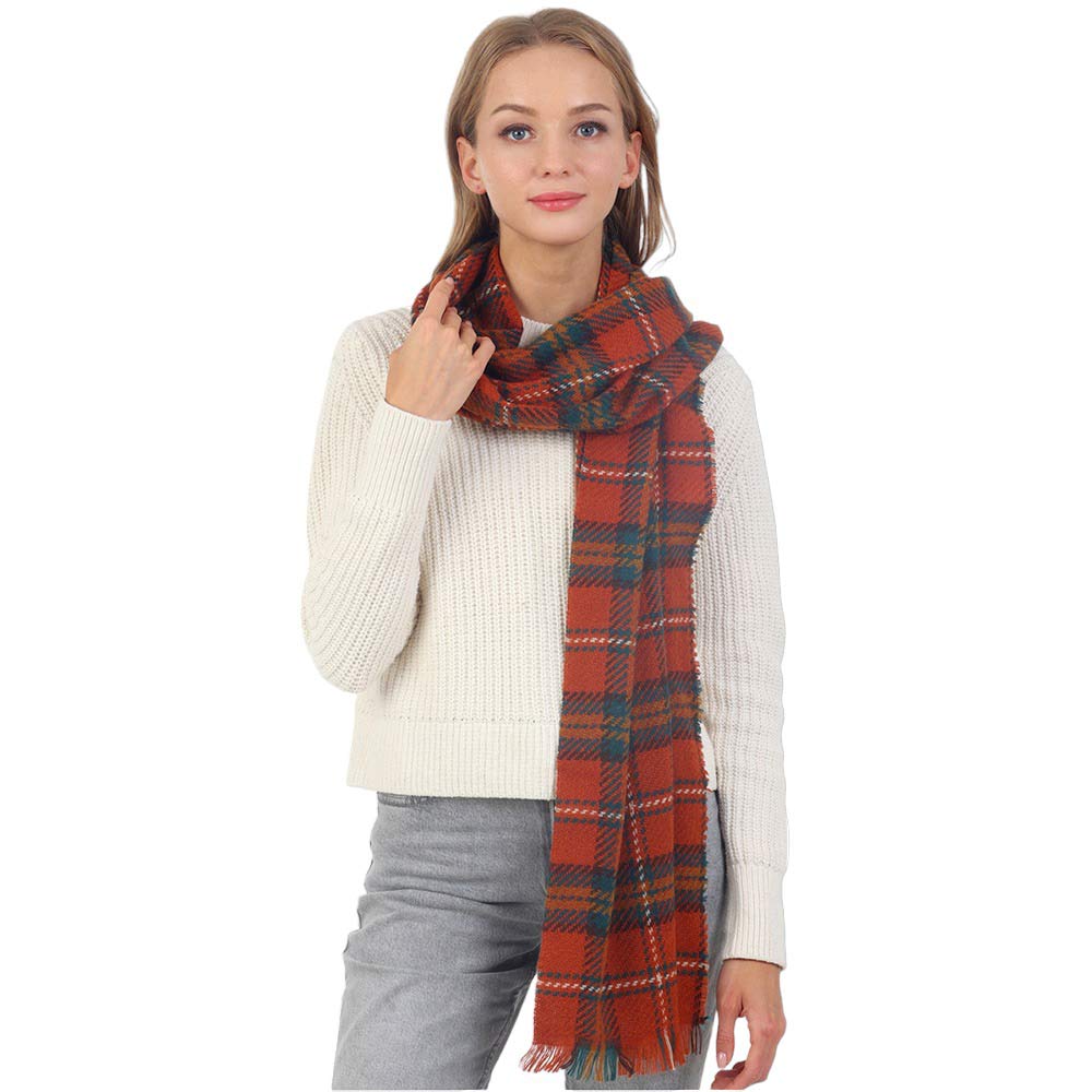 Rust Plaid Check Patterned Fringe Oblong Scarf is perfect for adding a touch of elegance to any outfit. Crafted from a high-quality fabric, it features an intricate plaid pattern with delicate fringe detailing, an oblong shape, and a soft, lightweight texture. Perfect for gifting, & dressings up on cooler days or evenings.
