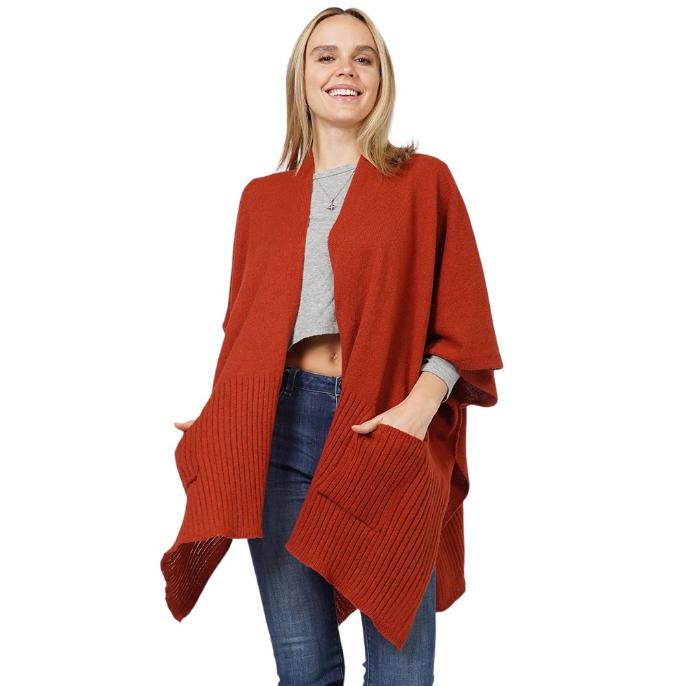 Rust Solid Knit Front Pockets Vest Poncho, With the latest trend in ladies' outfit cover-up! the high-quality knit poncho is soft, comfortable, and warm but lightweight. It's perfect for your daily, casual, party, evening, vacation, and other special events outfits. A fantastic gift for your friends or family.