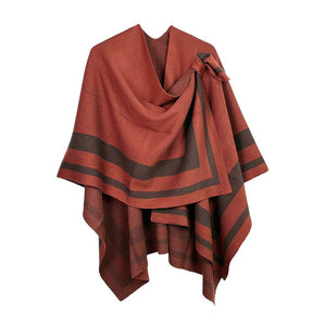 Rust Striped Shoulder Strap Ruana Poncho, boasts a striking look and a unique blend of materials that make it both stylish and comfortable. Sophisticated stripes are complemented by a luxurious velvety texture, offering an eye-catching look that makes a statement wherever you go. Excellent gift choice for the winter.