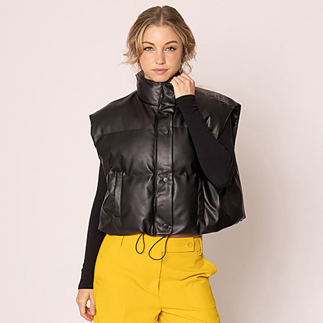 Black Faux Leather Padded Vest