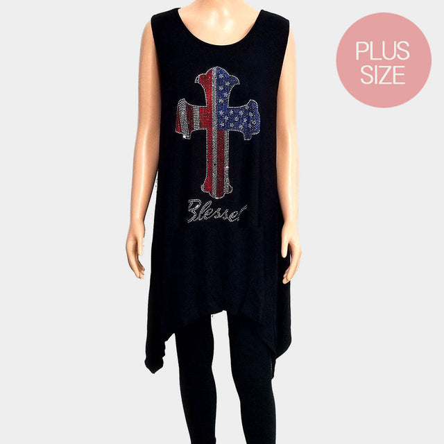 Madeline Love Black, Multi Blessed Cross Crystal Embellished Plus Size Sleeveless Top - Jewelry