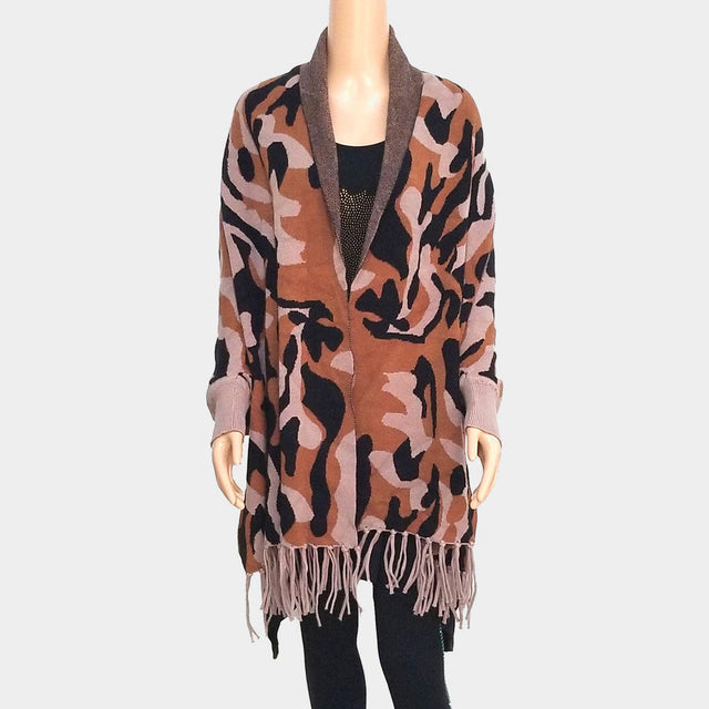 Khaki Camo Pattern Fringe Poncho