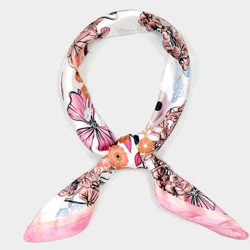 Madeline Love Pink Earthy Floral Garden Printed Square Silky Satin Scarf - Scarves & Wraps