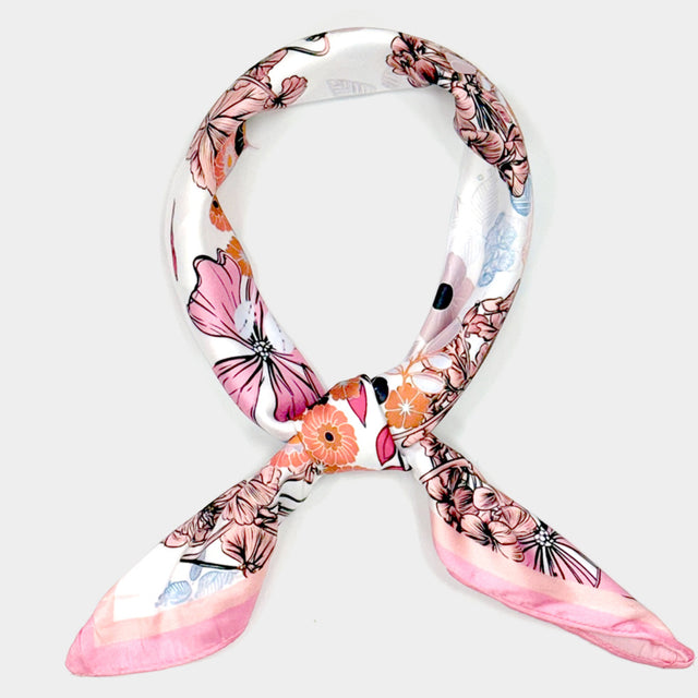 Madeline Love Pink Earthy Floral Garden Printed Square Silky Satin Scarf - Scarves & Wraps