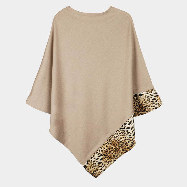 Taupe Leopard Trim Solid Poncho 