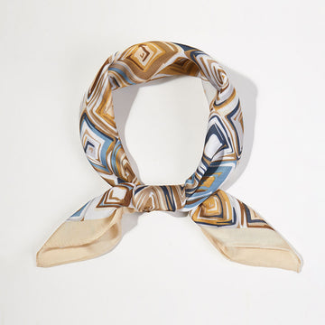 Madeline Love Taupe Geometric Pattern Printed Square Silky Satin Bandana Scarf - Scarves & Wraps