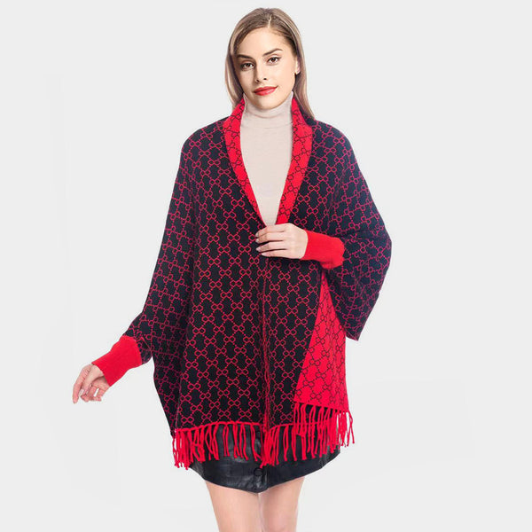 Black, Red Luxury Patterned Poncho