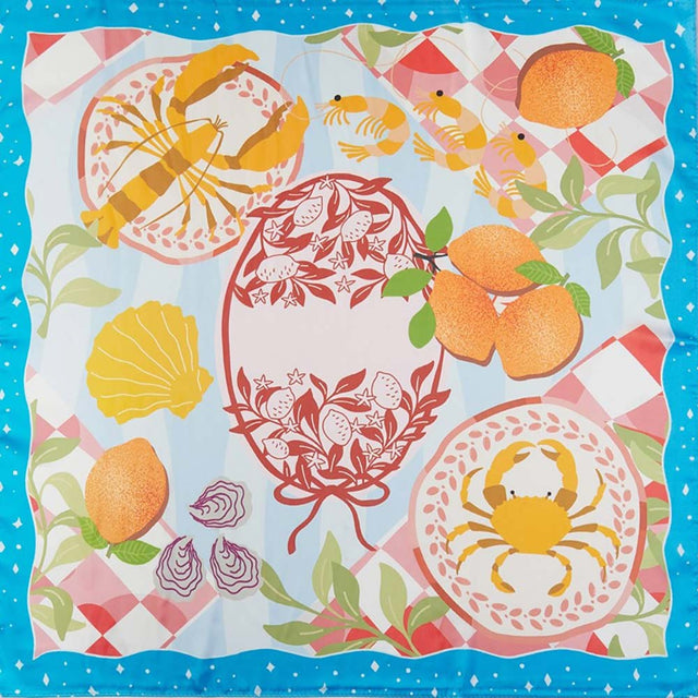 Madeline Love Blue Seaside Feast Print Square Bandana Scarf - Scarves & Wraps