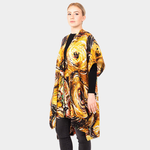 Abstract Print Kimono Poncho - Mustard