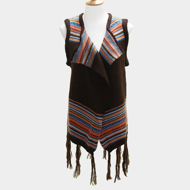 Blue, Brown, Orange Tribal Fringe Acrylic Poncho