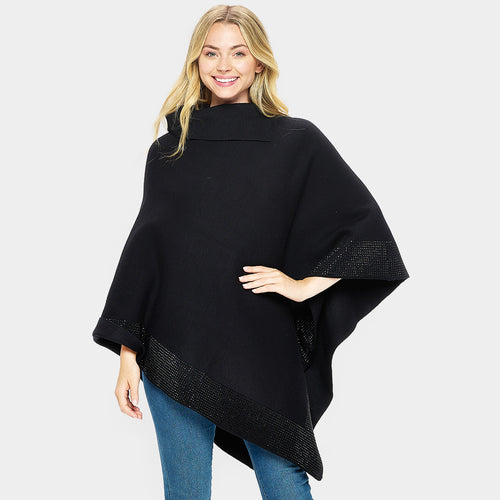 Bling Border Solid Neck Poncho - Black, Jet Black