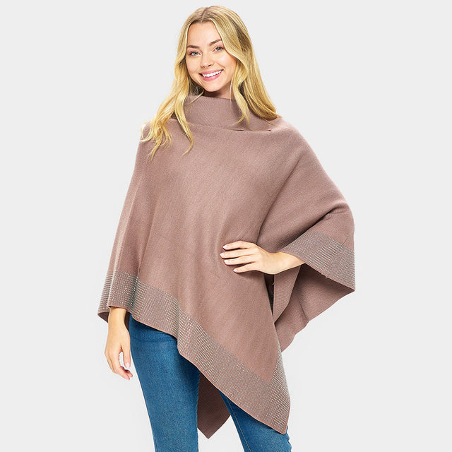 Khaki Bling Border Solid Neck Poncho