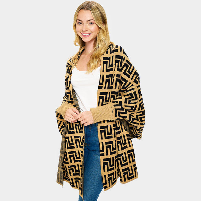 Brown Bling Stone Embellished Patterned Sleeve Wrap Poncho