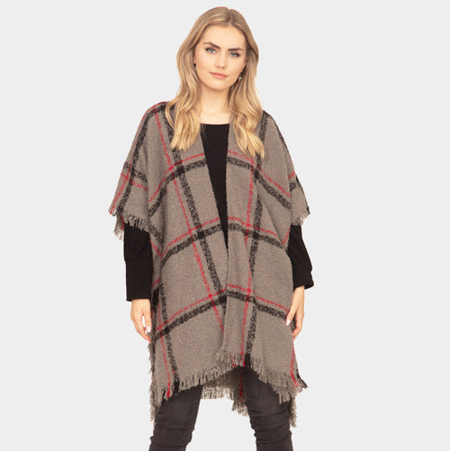 Plaid Check Poncho - Charcoal