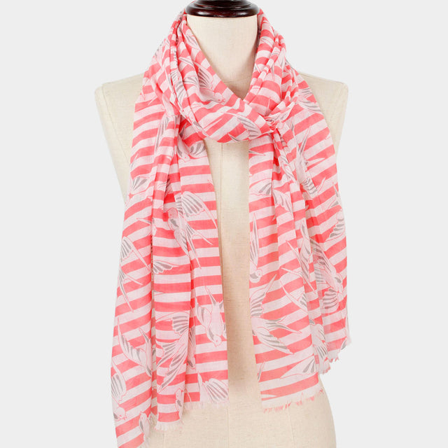 Madeline Love Coral Bird Stripe Print Scarf - Jewelry
