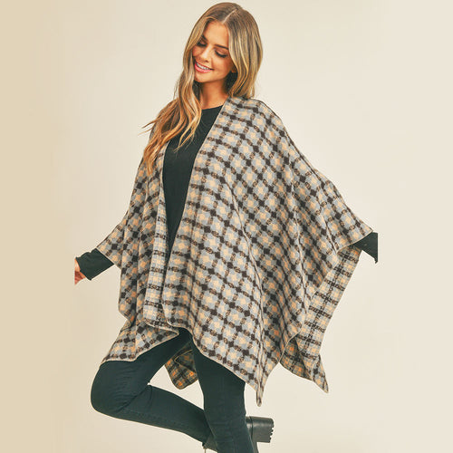 Plaid Check Pattern Ruana Poncho - Blue