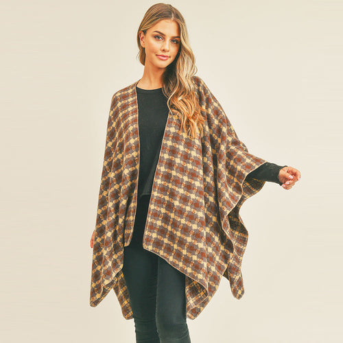 Plaid Check Pattern Ruana Poncho - Brown