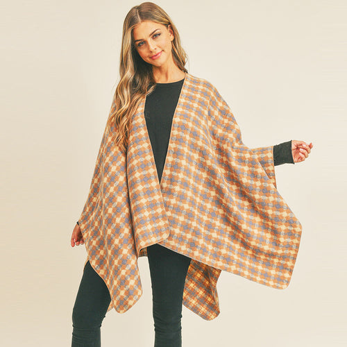 Plaid Check Pattern Ruana Poncho - Rust