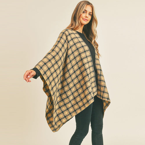 Plaid Check Pattern Ruana Poncho - Taupe