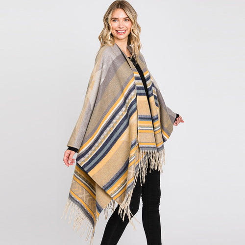 Poncho ruana con flecos y estampado azteca - Yellow