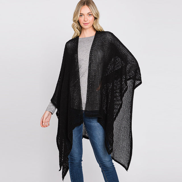 Black Solid Chenille Crochet Ruana Poncho