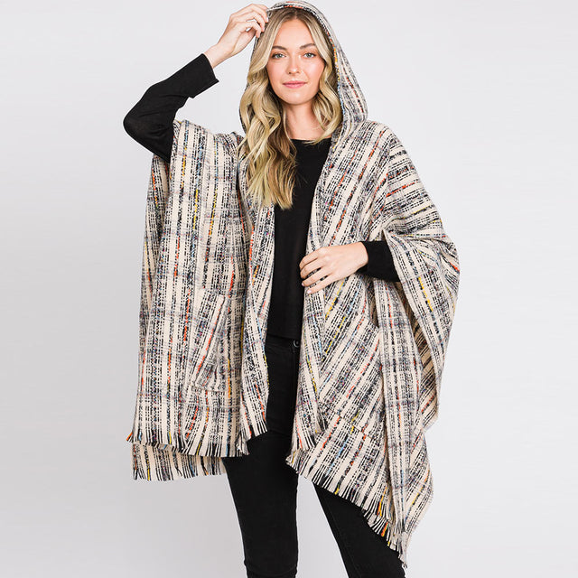 Ivory Hooded Plaid Check Patterned Front Pockets Fringe Ruana Poncho