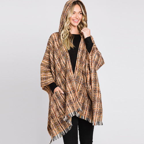 Hooded Plaid Check Patterned Front Pockets Fringe Ruana Poncho - Taupe