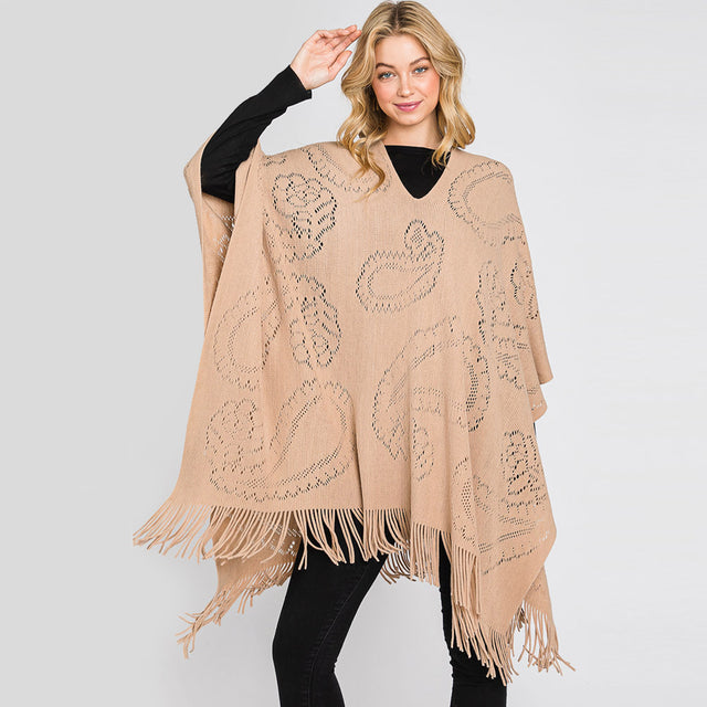 Taupe Paisley Patterned Fringe Poncho
