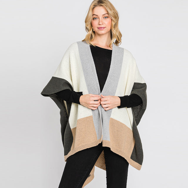 Gray Color Block Ruana Poncho